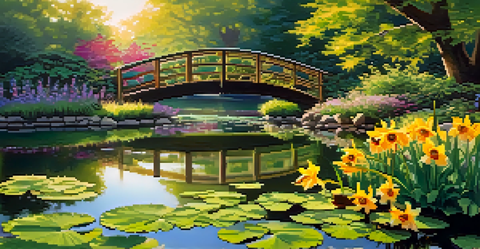 A colorful garden at sunrise with blooming flowers, a pond reflecting flora, and a wooden bridge in the background.