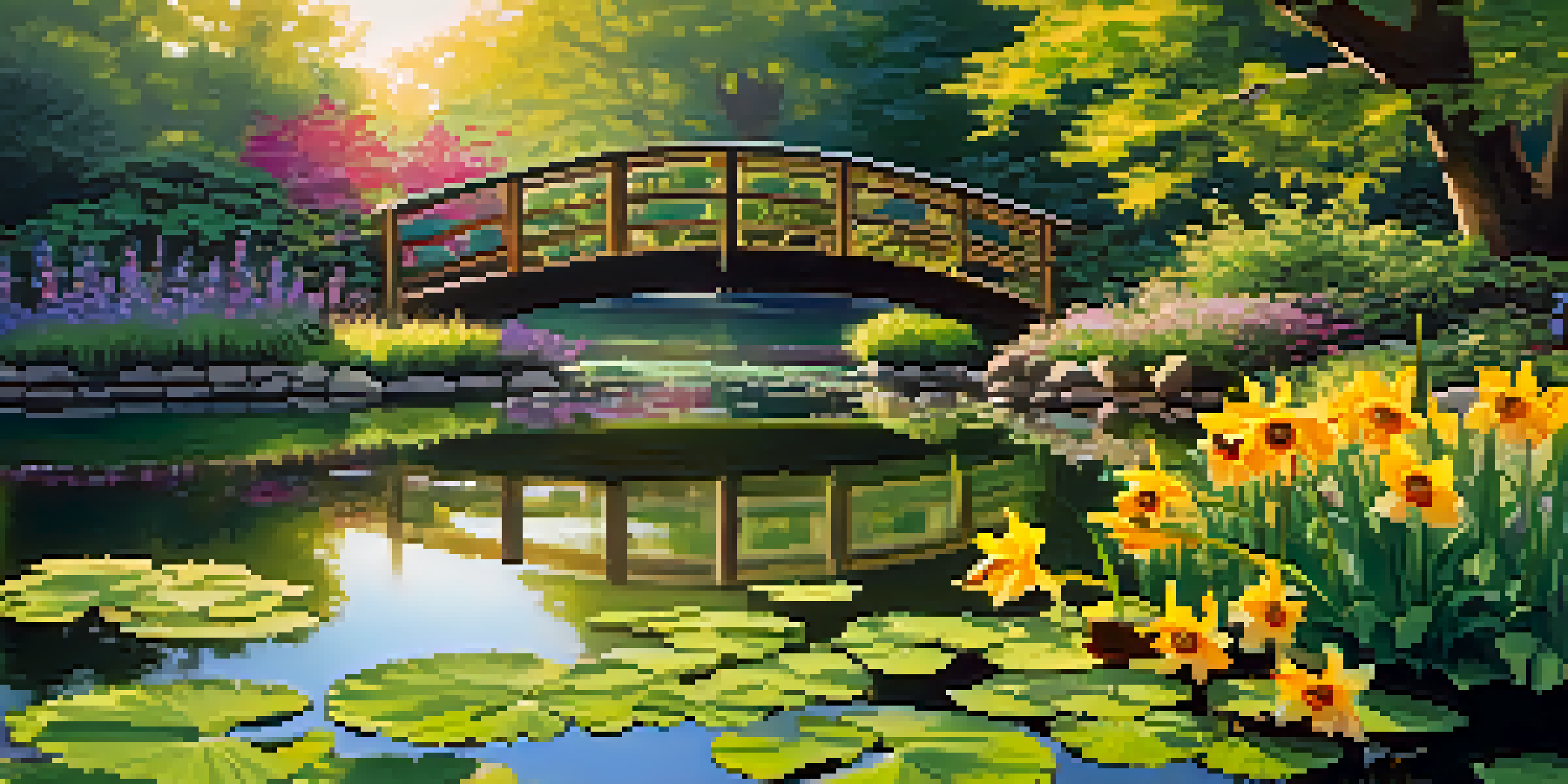 A colorful garden at sunrise with blooming flowers, a pond reflecting flora, and a wooden bridge in the background.