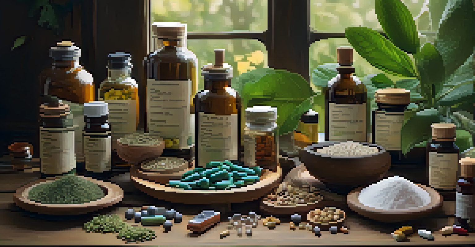 An artistic display of herbal supplements on a wooden table with natural elements.