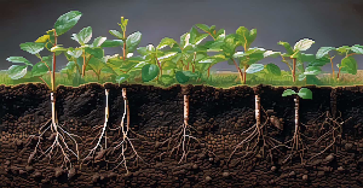 A close-up view of healthy soil with layers of dark earth and roots from perennial plants, highlighting the ecosystem's richness.