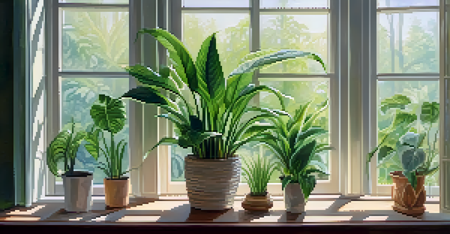 A bright indoor space filled with houseplants like a snake plant and a peace lily on a sunny windowsill, creating a calm and inviting atmosphere.