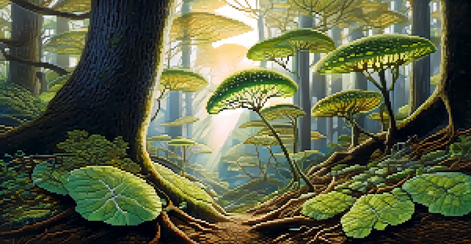A dense forest with visible mycorrhizal networks connecting the roots of trees and plants, illuminated by sunlight.