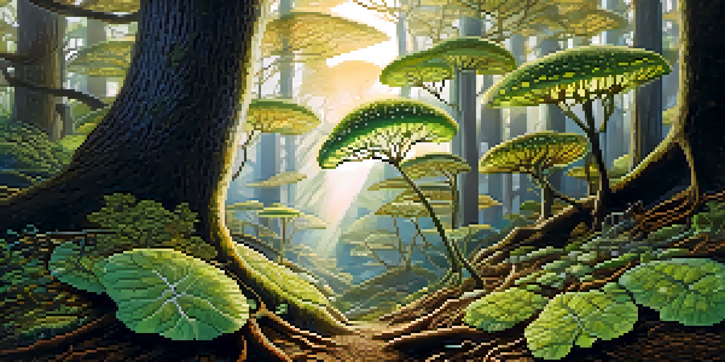 A dense forest with visible mycorrhizal networks connecting the roots of trees and plants, illuminated by sunlight.