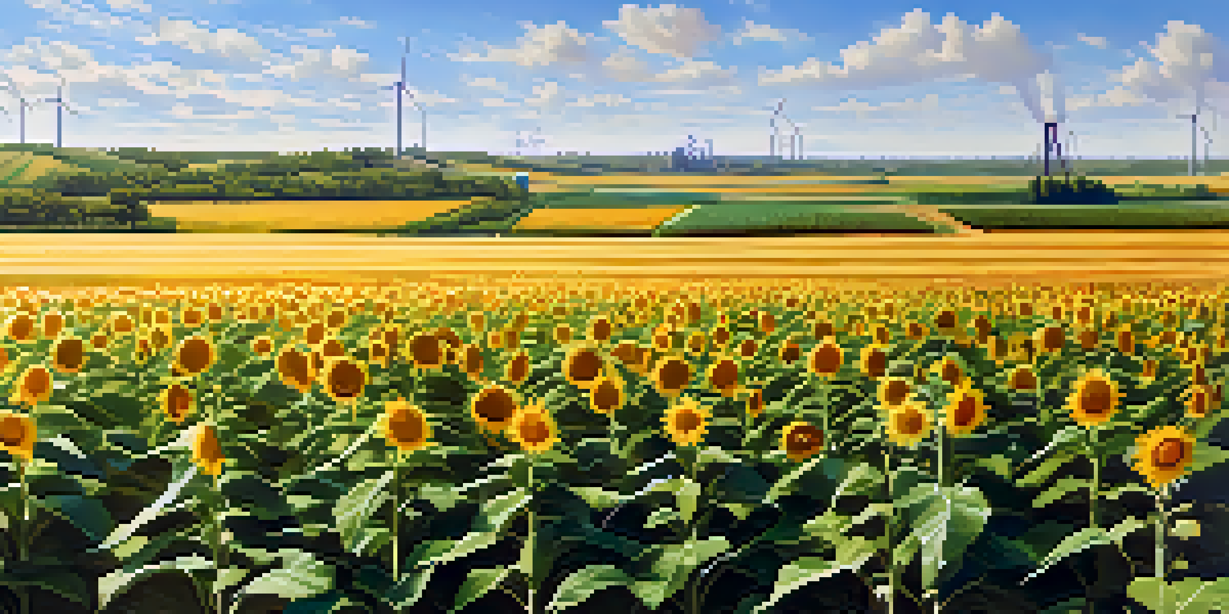 A colorful agricultural field with various crops under a sunny sky, showcasing the sources for plant-based biofuels.