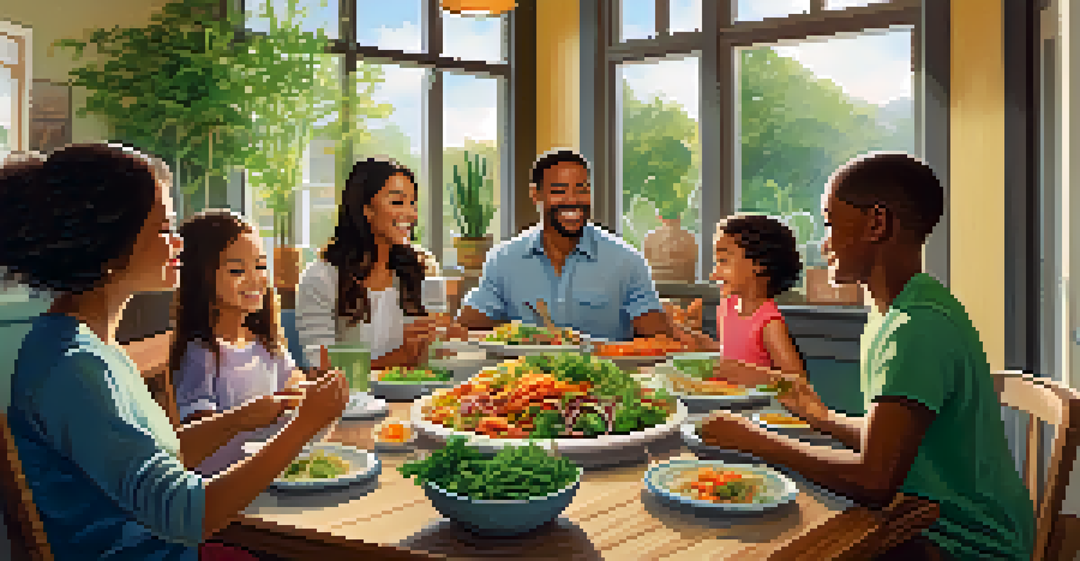 A family enjoying a plant-based meal at a dining table, surrounded by colorful dishes and a cozy atmosphere with greenery outside.