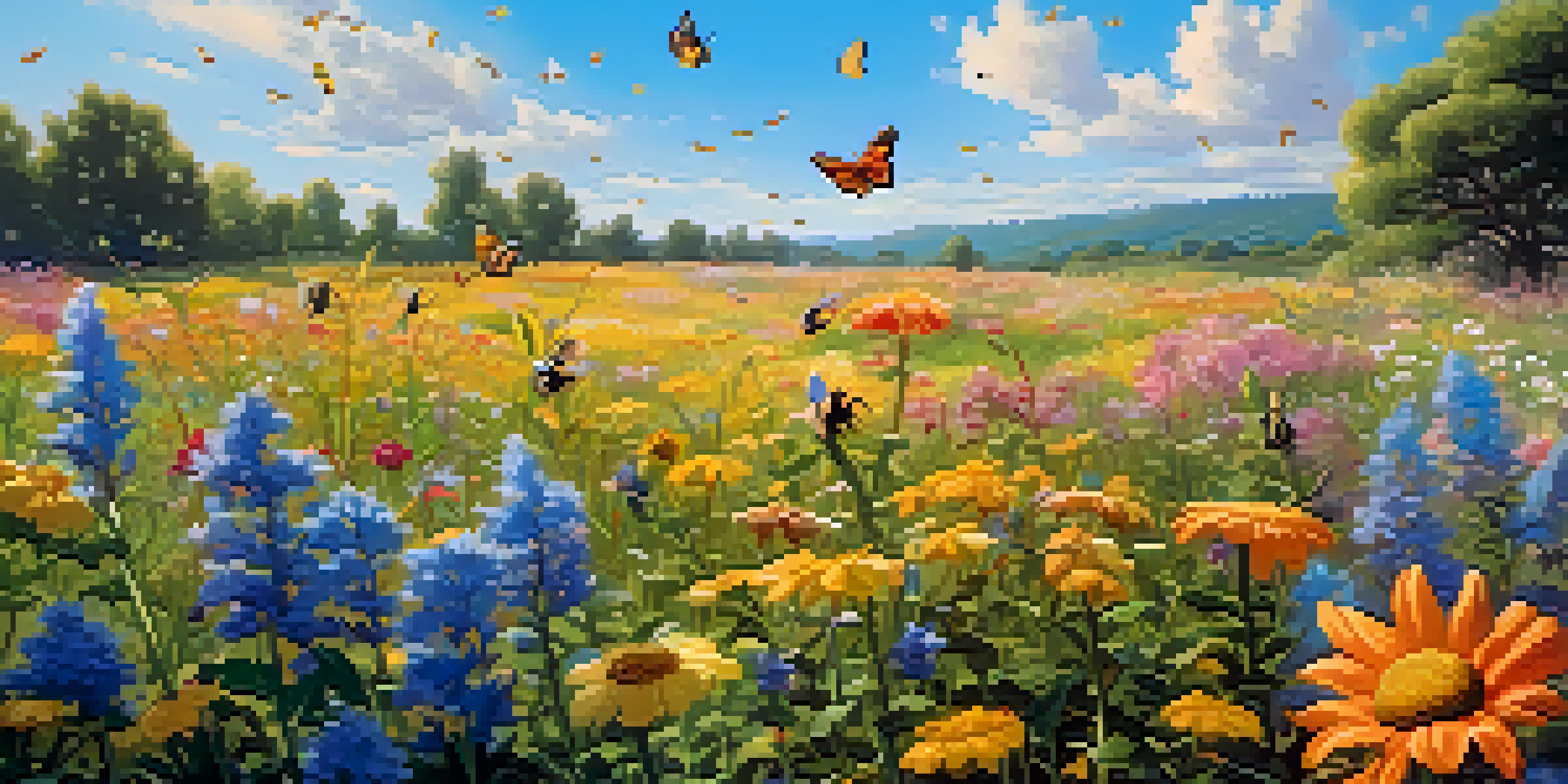 A lively meadow showcasing diverse flowers, bees, and butterflies under a sunny sky.