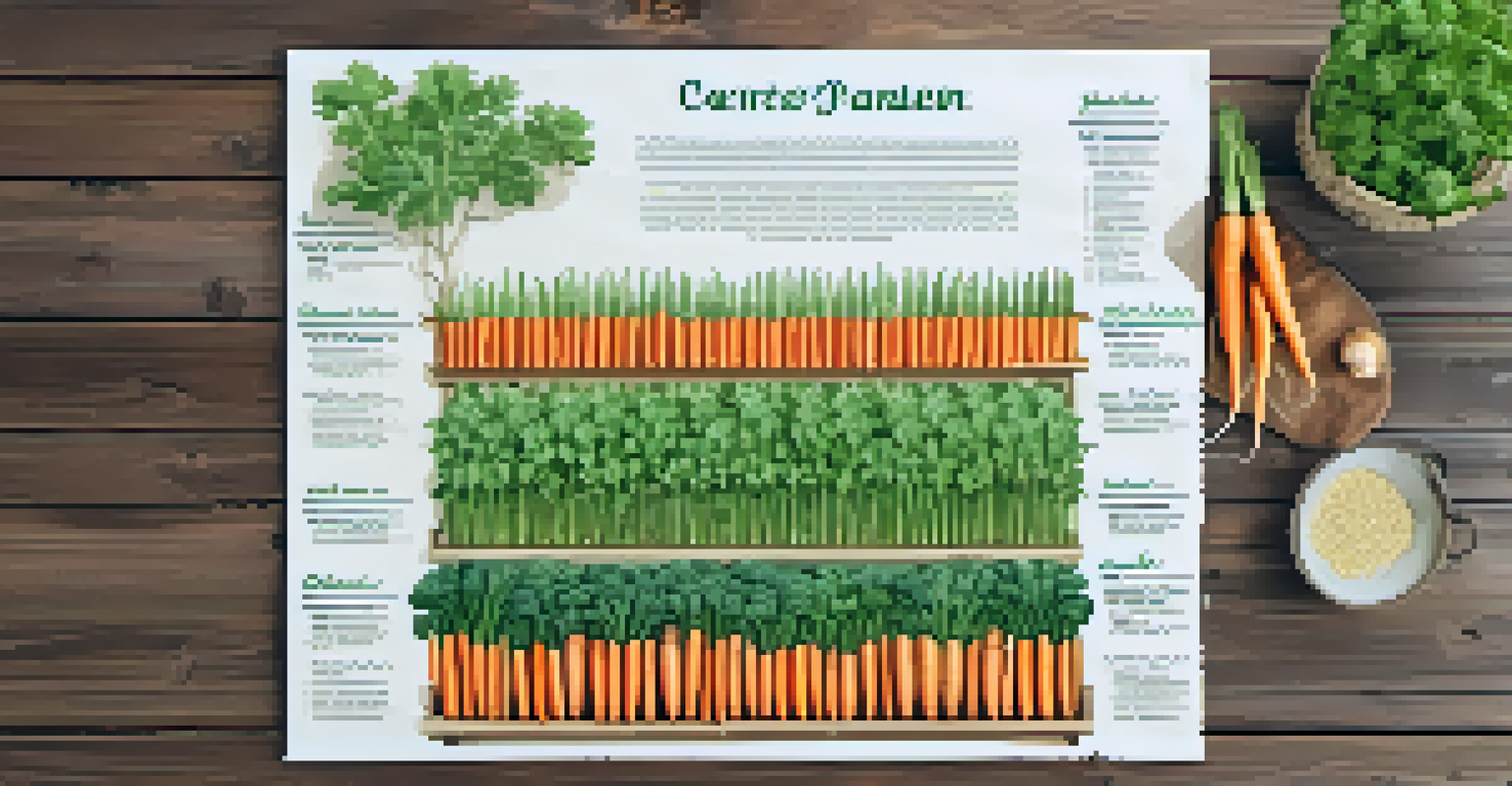 An overhead view of a companion planting chart with colorful illustrations of plants and their companions, set on a rustic wooden table.
