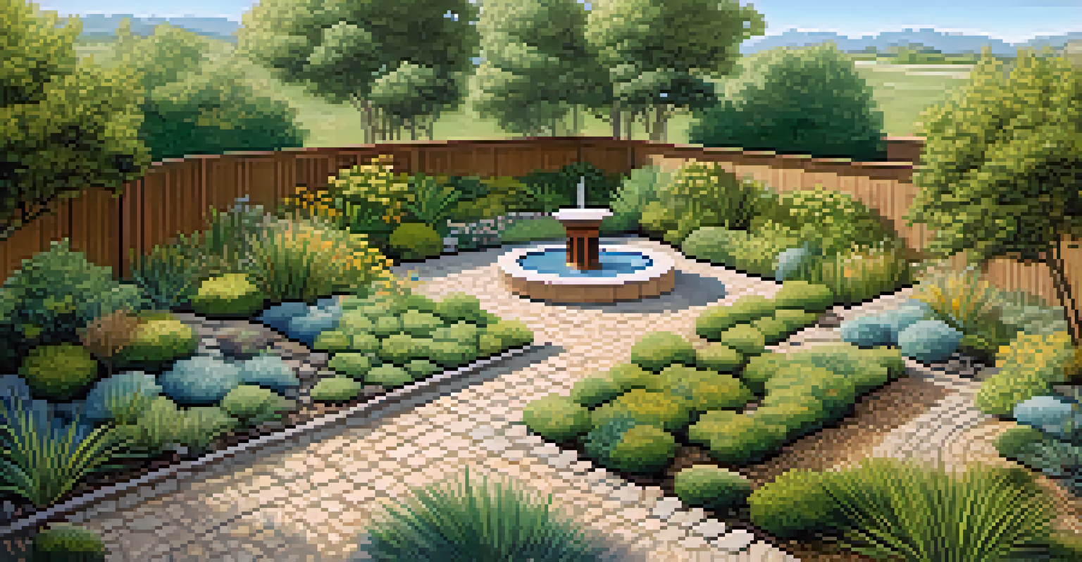 An aerial view of a landscape with gravel pathways, decorative stones, and drought-resistant plants, showing a rain garden capturing rainwater under a clear blue sky.
