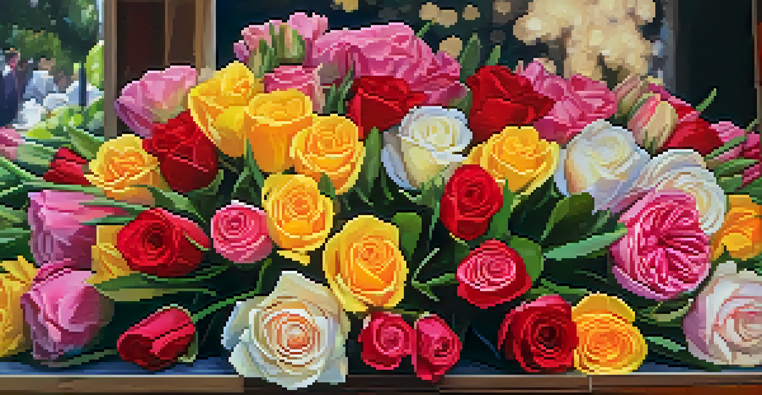 A close-up of a colorful floral arrangement at a festival stall, showcasing various flowers.