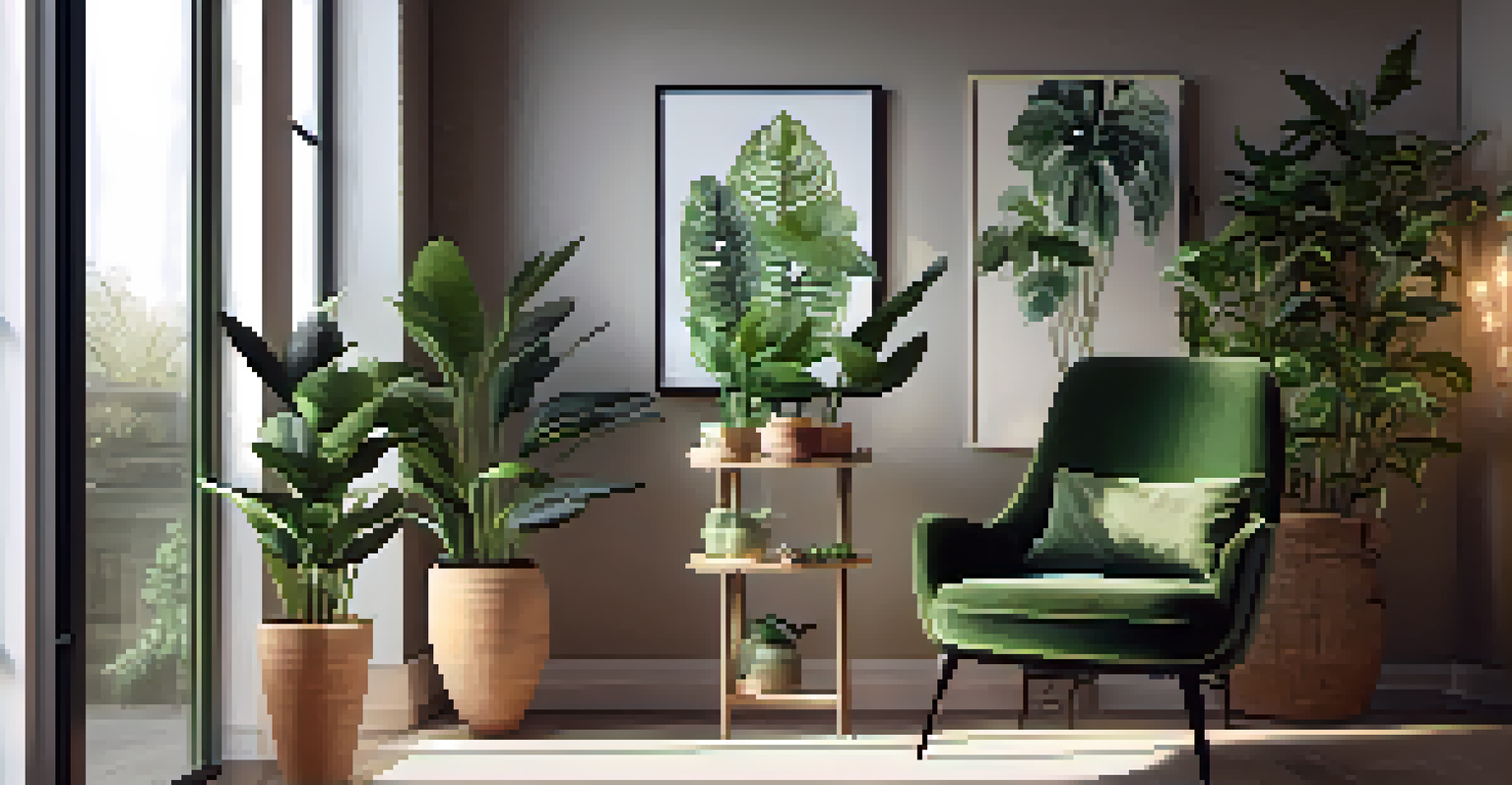 A serene indoor plant corner with a mix of tall and small plants on a stylish stand, accompanied by a cozy armchair.