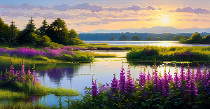 A colorful wetland filled with purple loosestrife flowers, under a clear blue sky.