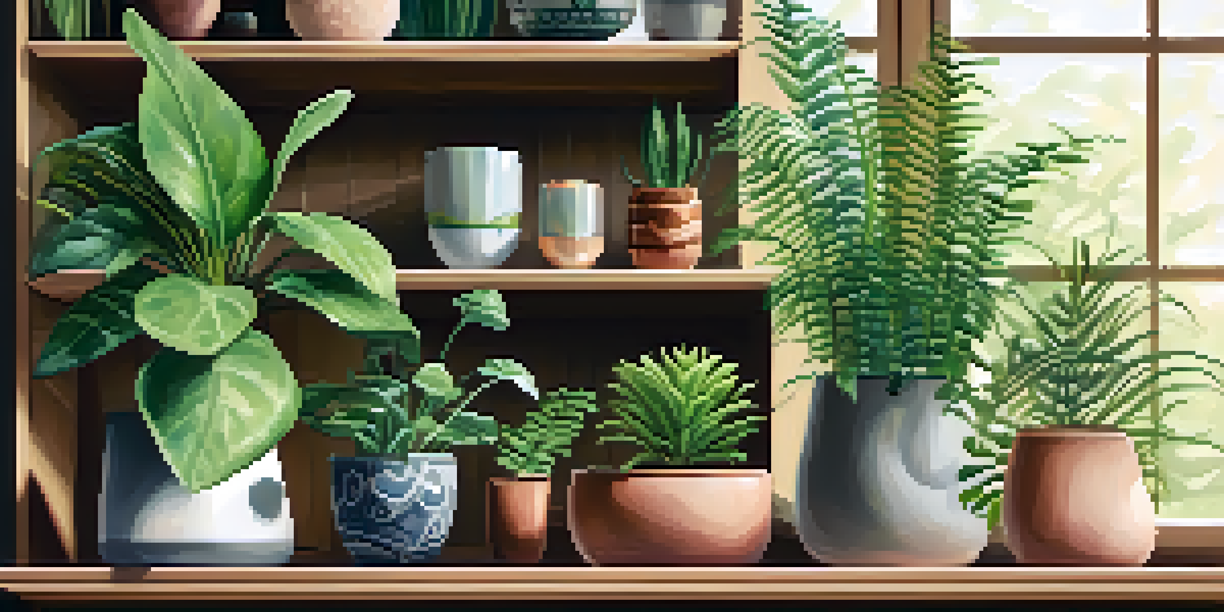 A wooden shelf displaying a variety of indoor plants in different pots, with sunlight streaming in from a window, creating a vibrant and refreshing scene.