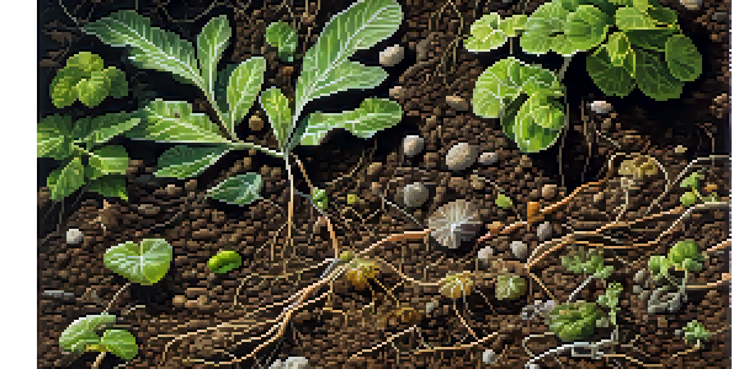 Close-up view of healthy soil with diverse microbes and plant roots, illuminated by natural sunlight.