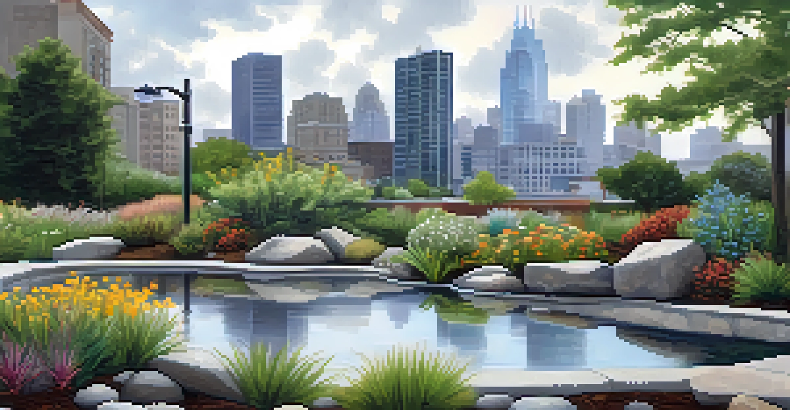 A rain garden in an urban setting with native plants and flowing water.