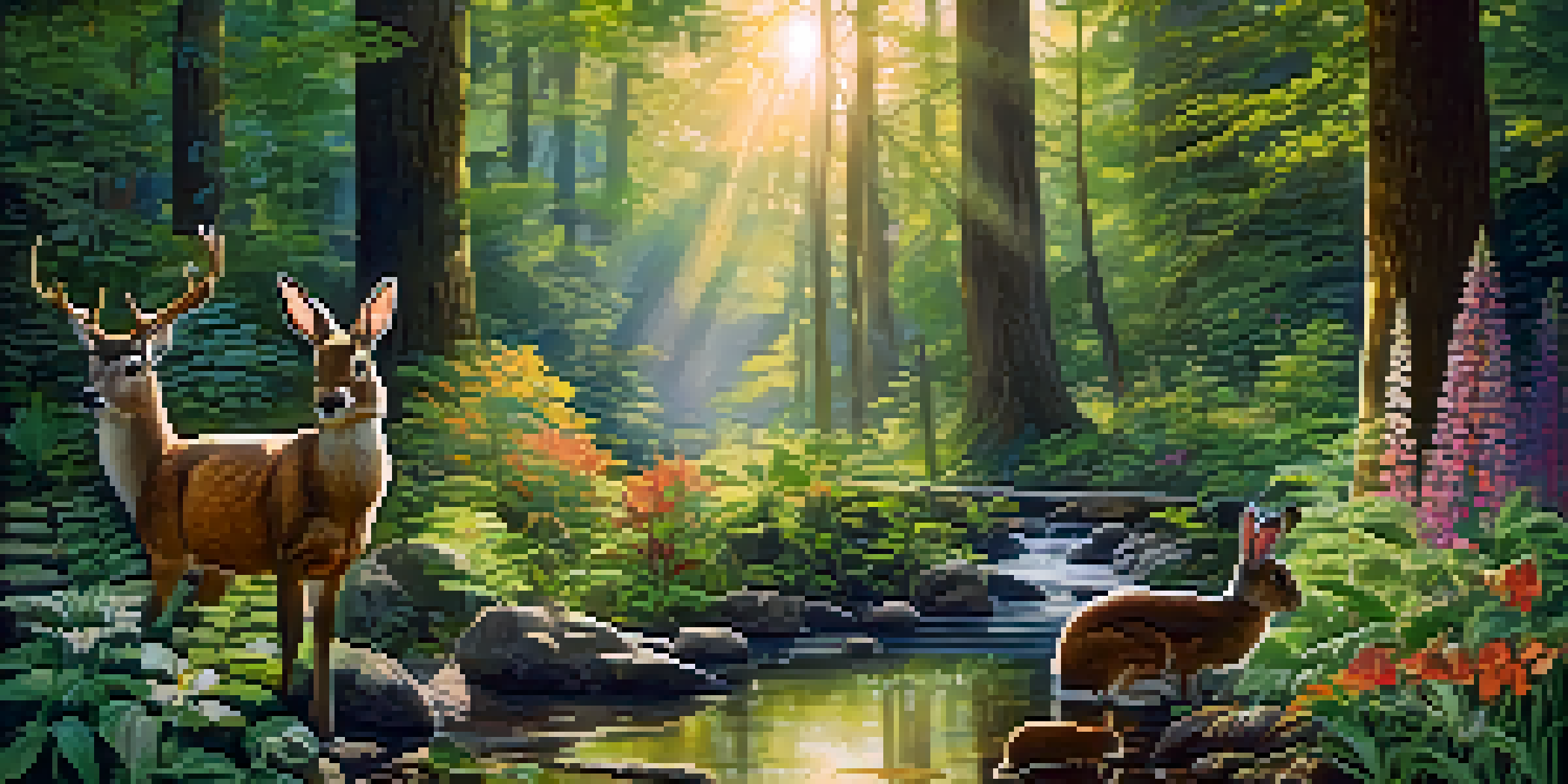 A lush forest filled with various plants and animals, with sunlight filtering through the leaves and a stream in the background.