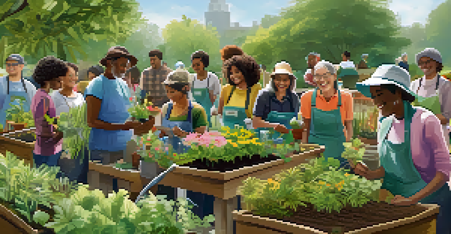 Community members of various ages engaged in a gardening workshop, planting saplings in a botanical garden.