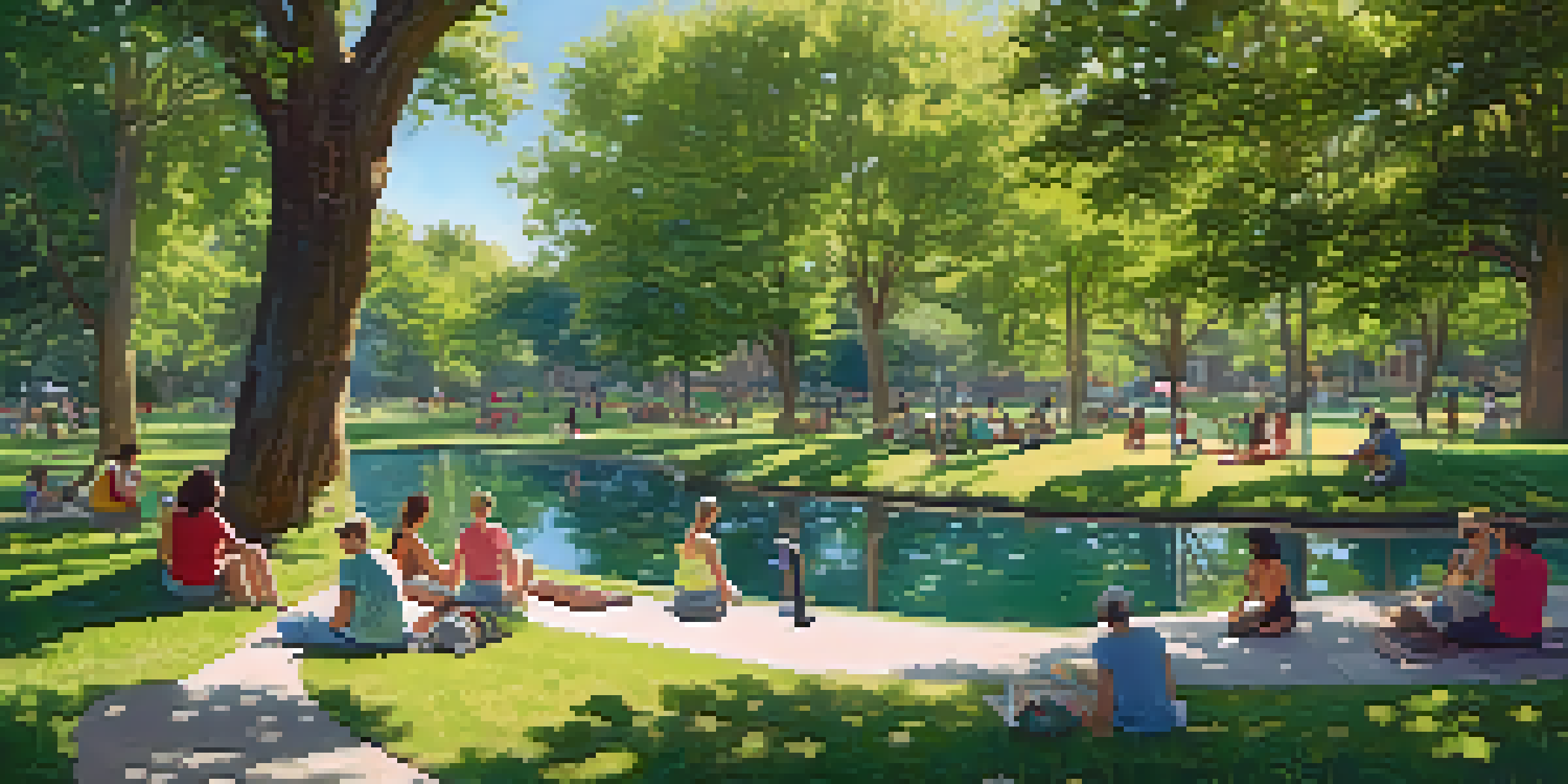 A lively urban park with diverse plants and trees, where people engage in outdoor activities like jogging and picnicking under the sun.