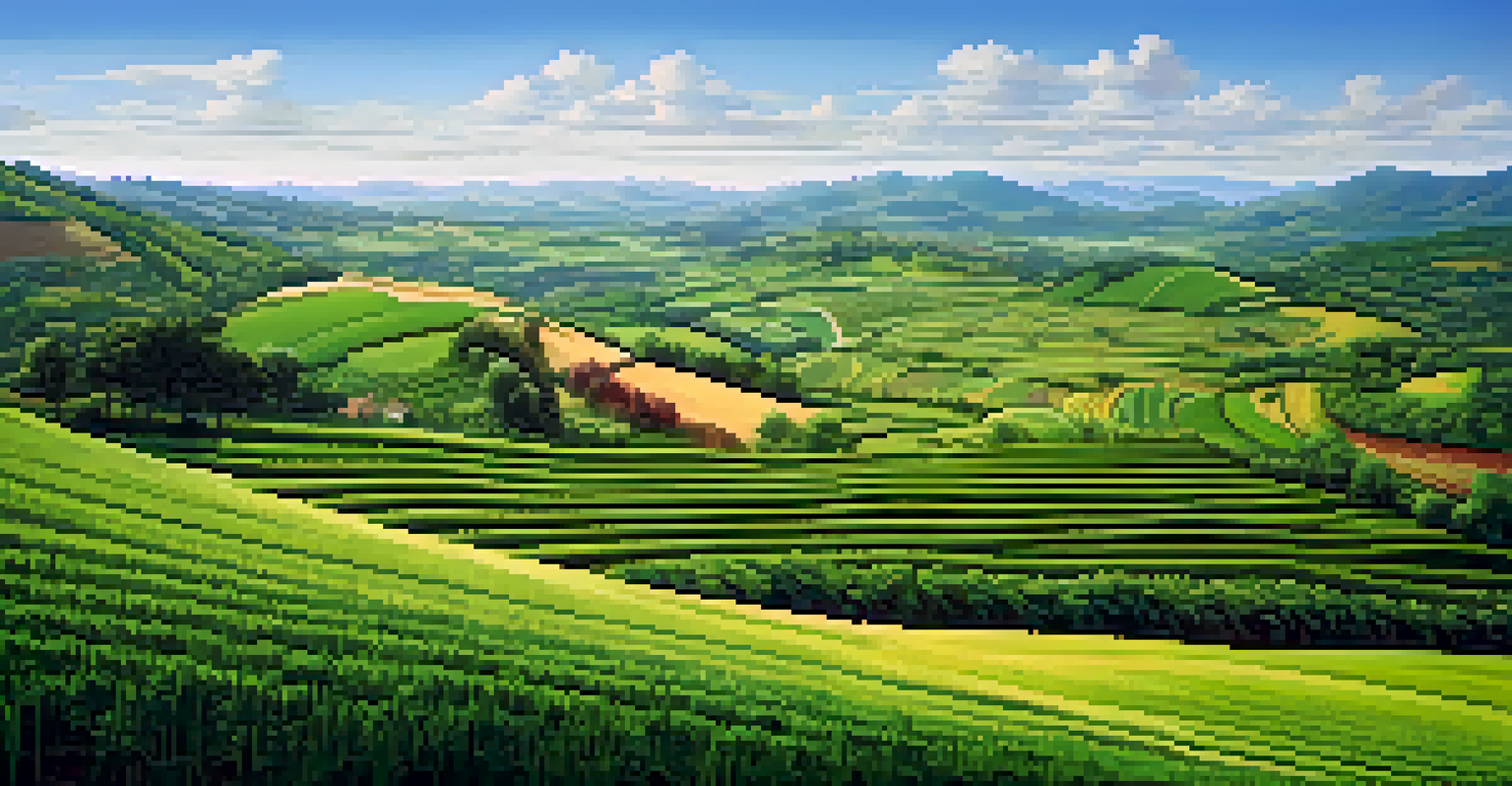 A panoramic view of contour farming in a vibrant agricultural landscape with lush crops and gentle hills.