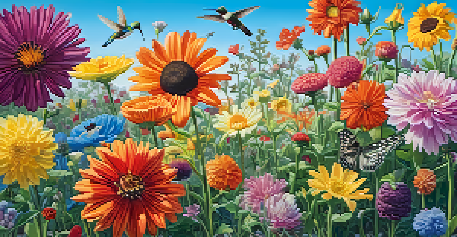 A colorful field of various flowers in bloom, with bees and hummingbirds interacting with the flowers under a blue sky.