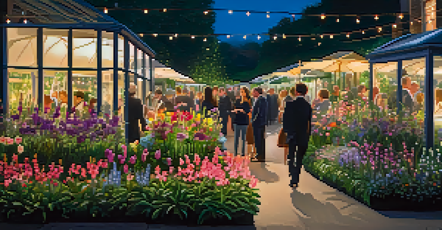 A magical evening scene at the Chelsea Flower Show, featuring lit garden displays and happy visitors.