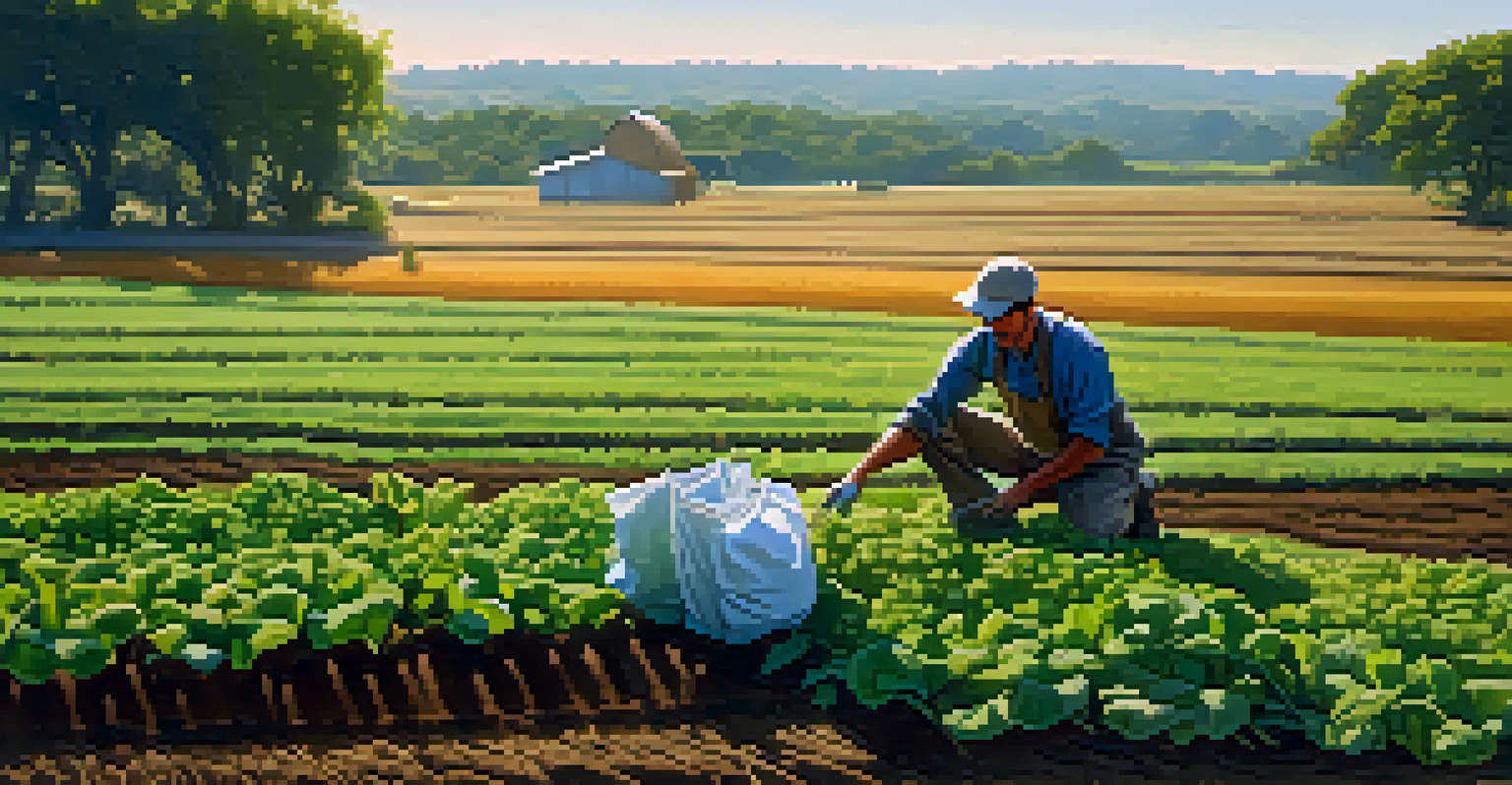 Farmer applying microbial inoculants in a sunlit field of healthy crops.