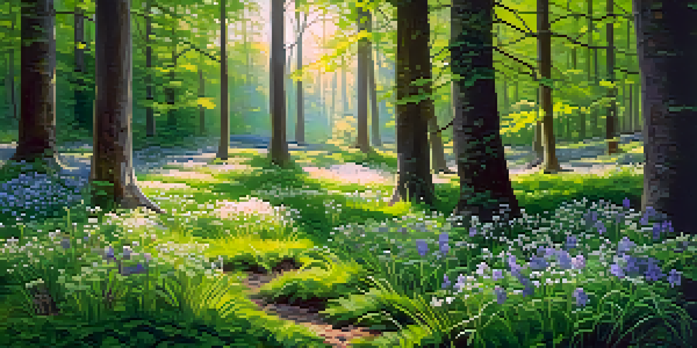 A peaceful spring forest with colorful wildflowers and edible greens under dappled sunlight.