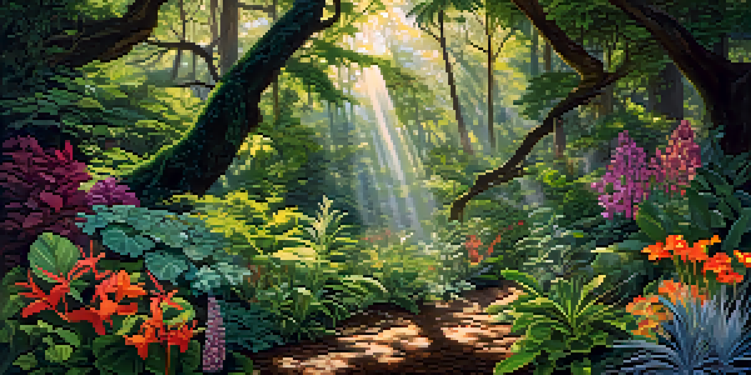 A colorful and detailed illustration of various plant species in a lush forest, with sunlight filtering through the leaves.