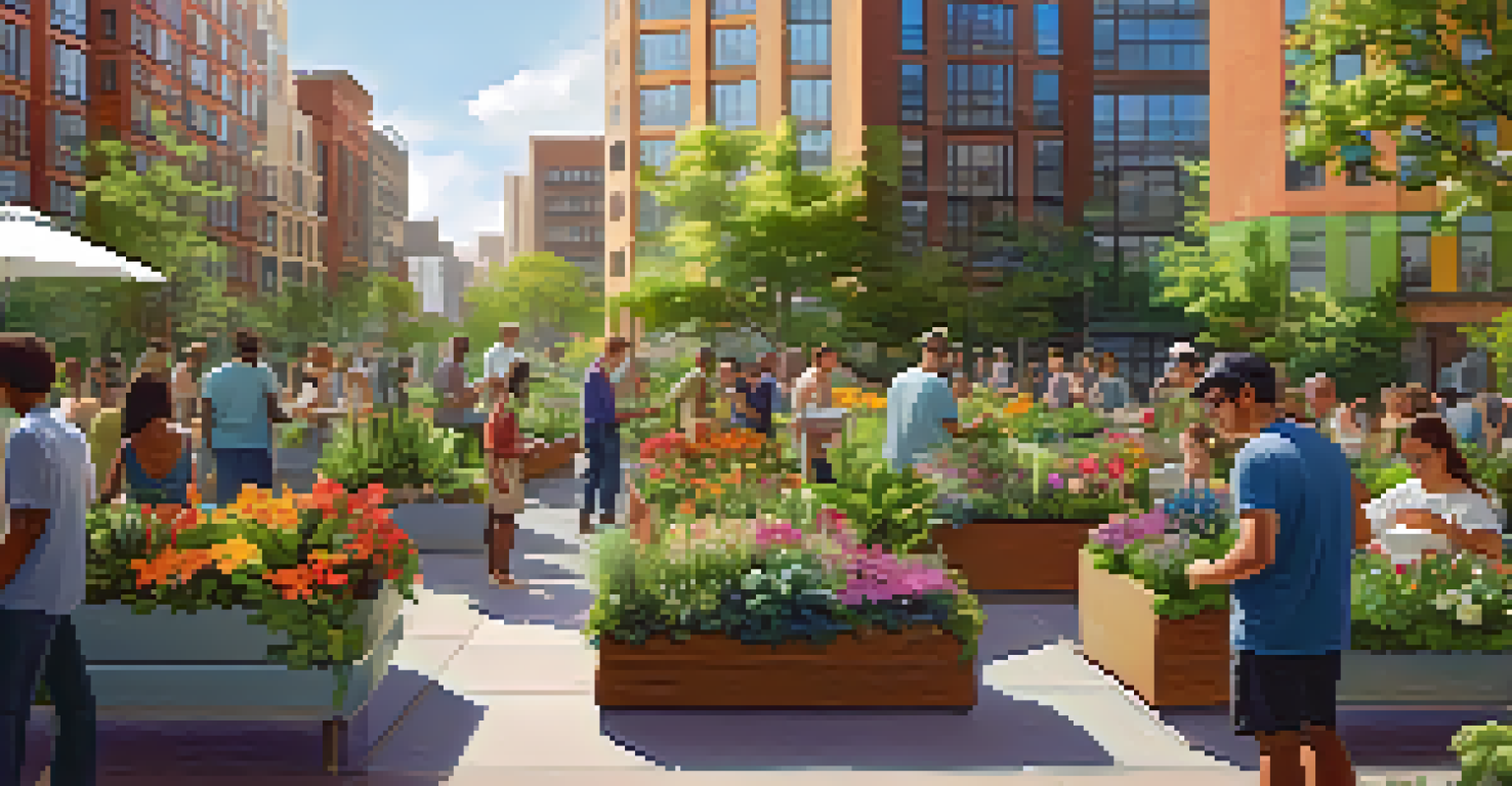 A community vertical garden in a park, with diverse people gardening together amidst colorful flowers and lush greenery.