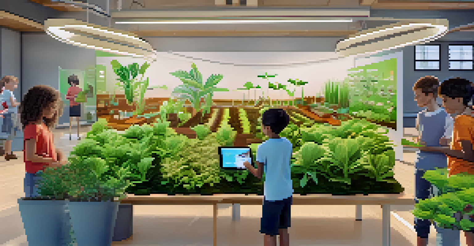 Students using tablets and augmented reality in a colorful classroom to learn about plant growth with a 3D model displayed on a screen.
