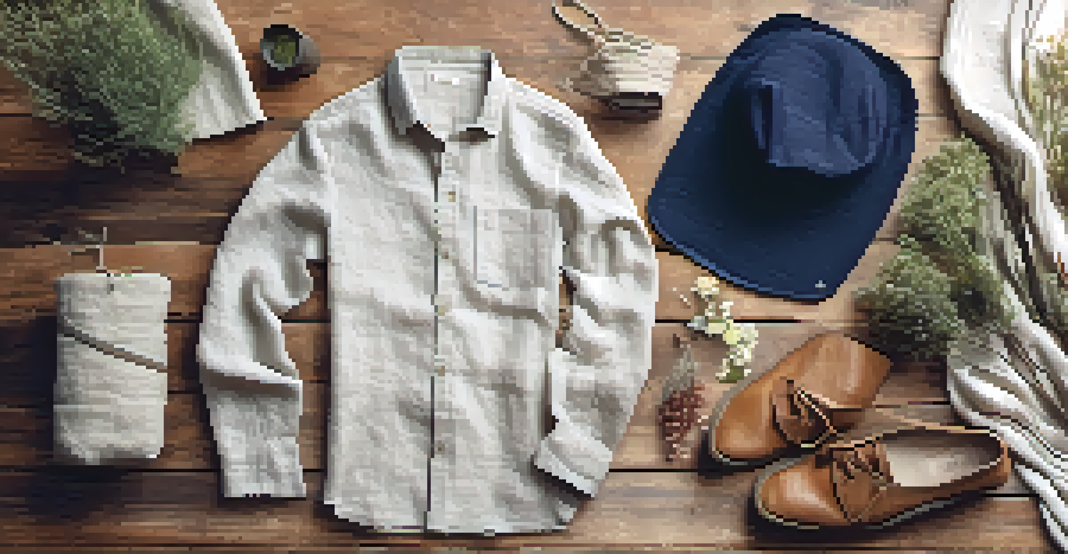 A flat lay of organic linen clothing items and accessories arranged on a wooden background with natural elements.