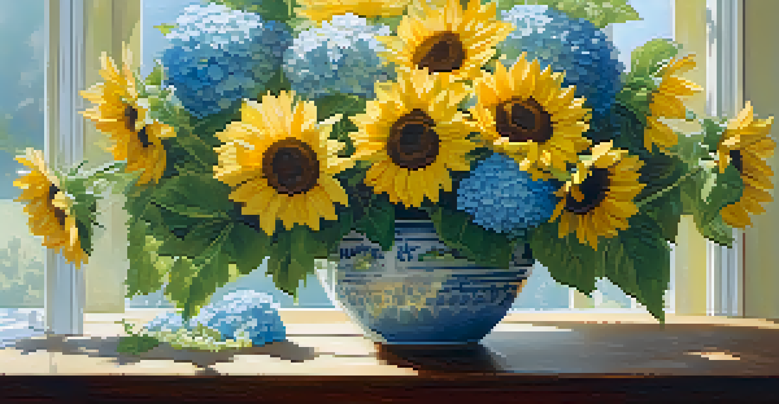 A floral arrangement in a round vase with sunflowers and hydrangeas, showcasing tiered symmetry with ample negative space.