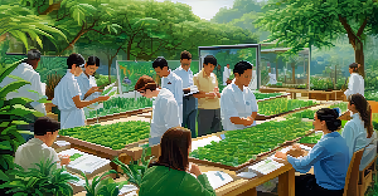 A community workshop in a garden setting, where people learn about the benefits of plant biotechnology with plant samples on display.
