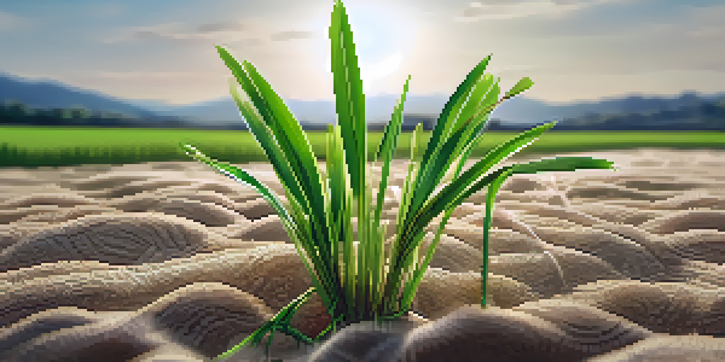 A close-up of a healthy rice plant in a drought-affected field, highlighting its green leaves against a backdrop of dry soil.