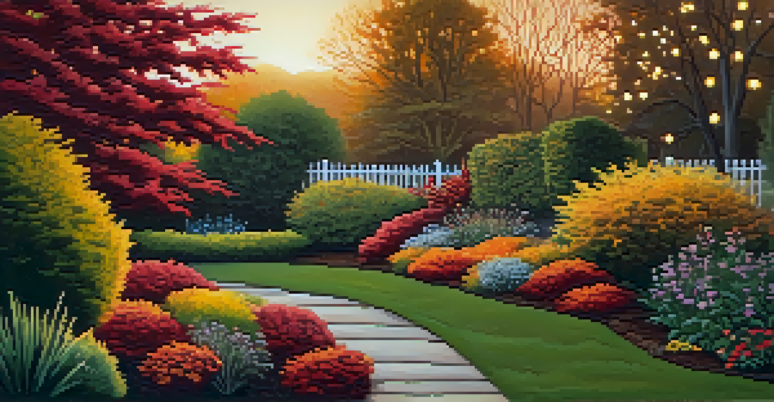 A serene autumn garden filled with colorful perennial plants, a small bird perched on a branch, and a glowing sunset in the background.