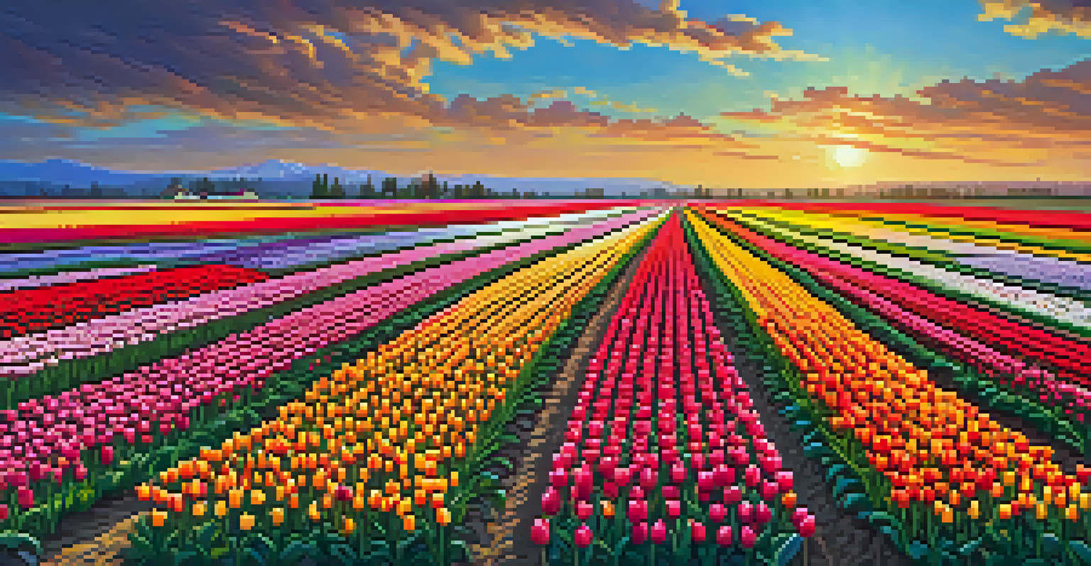 Aerial view of colorful tulip fields at the Skagit Valley Tulip Festival with families enjoying the day.