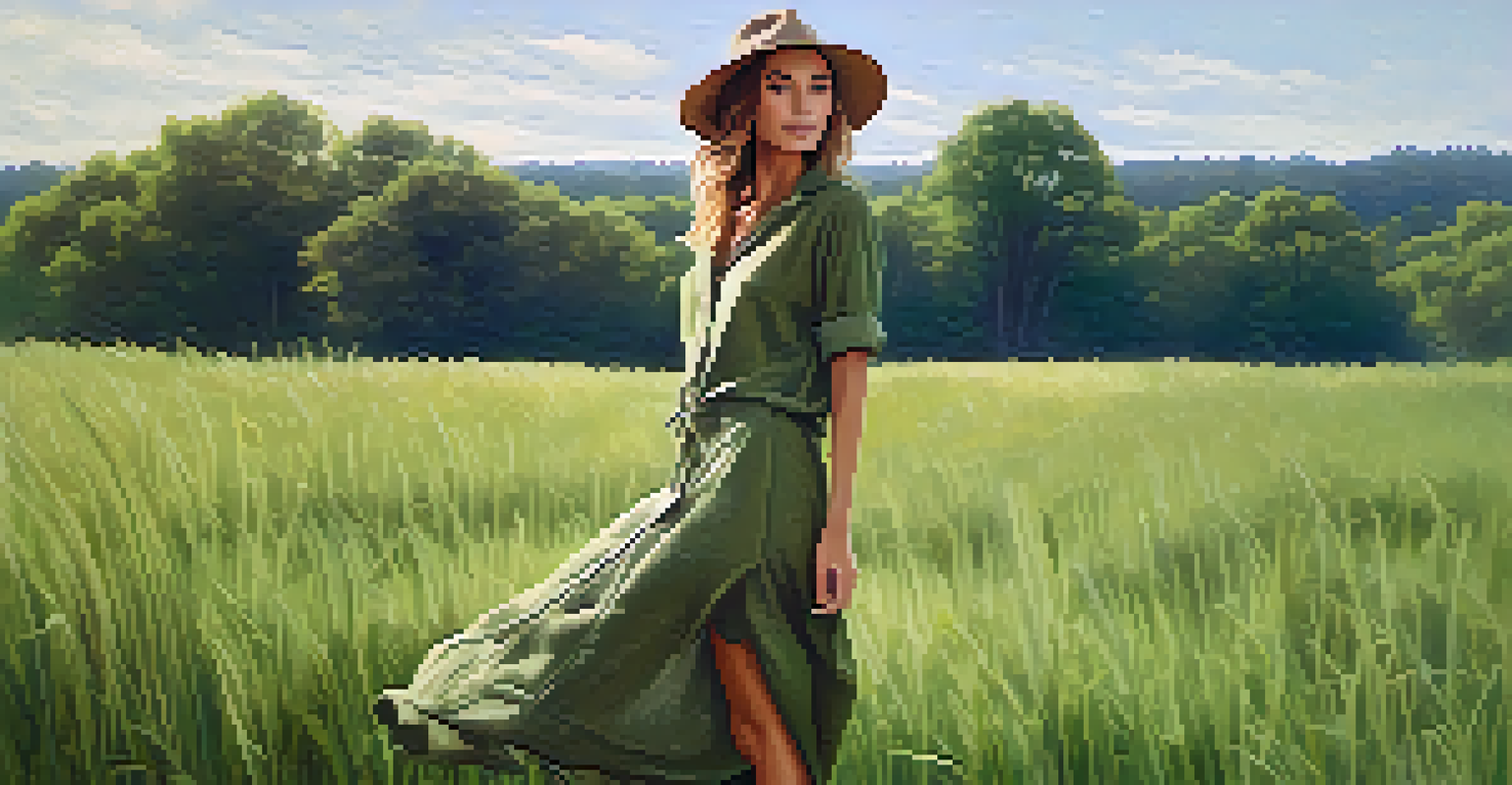 A model in hemp clothing standing in a green field, with sunlight highlighting the fabric's texture and the model's smile.