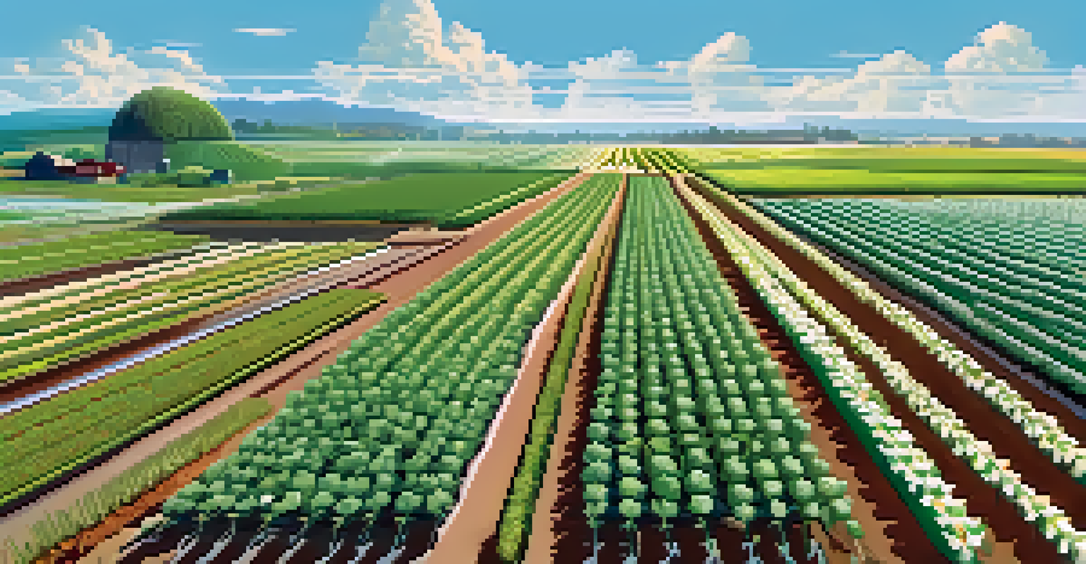 A futuristic agricultural landscape with climate-resilient crops under a clear sky, showcasing advancements in plant genomics.