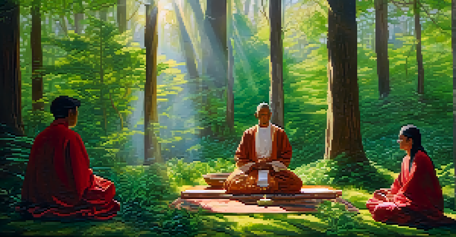 A healing ceremony in a forest with medicinal herbs on a wooden altar and a person in traditional attire.