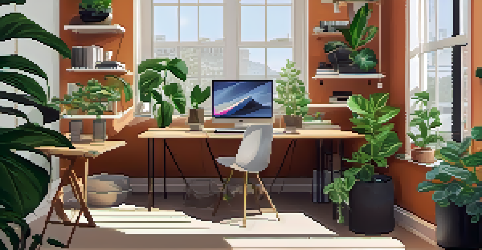 An indoor workspace with a desk, laptop, and several air-purifying plants, illuminated by natural light from a window.