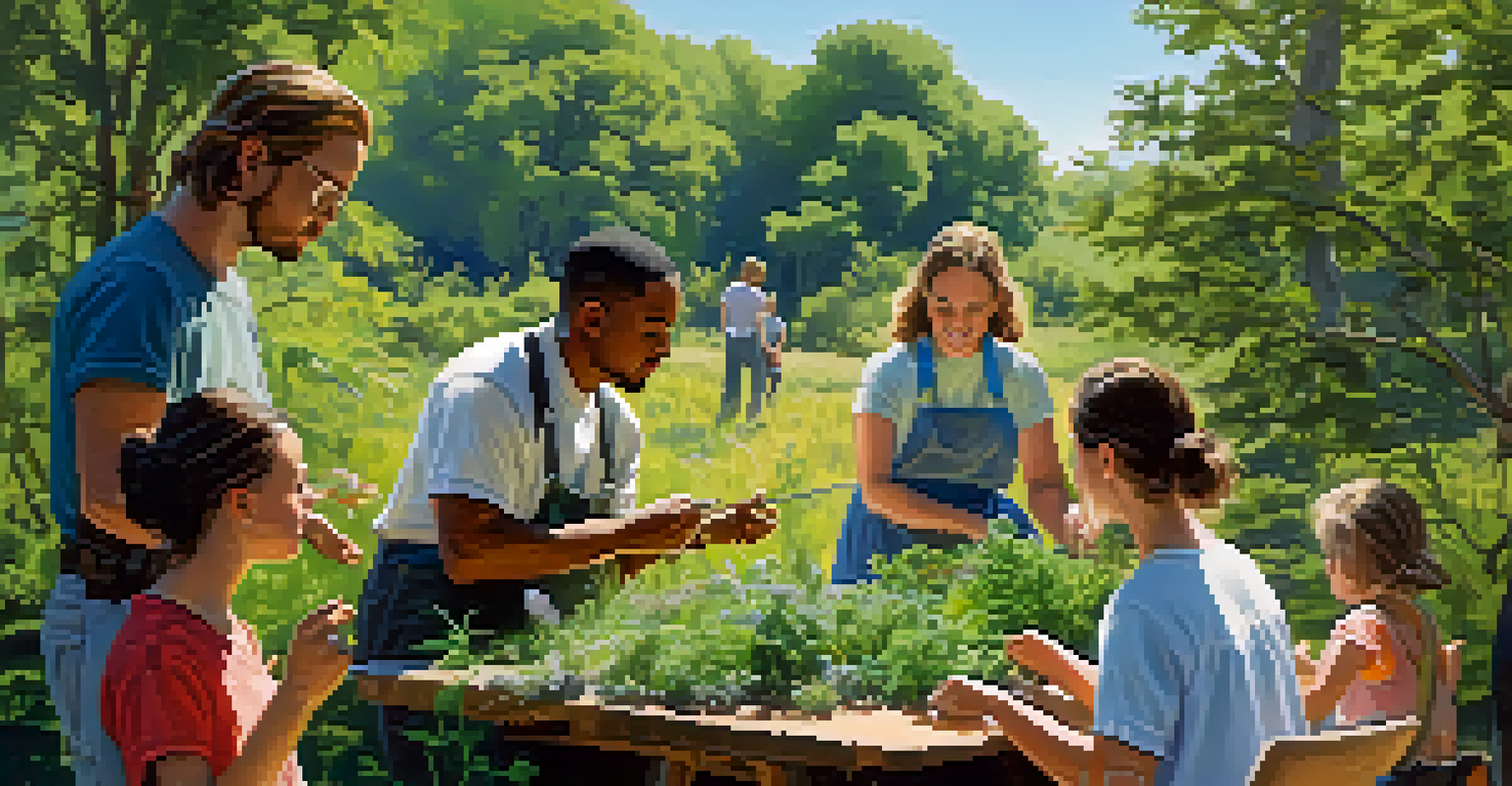 A diverse group of people attending an outdoor foraging workshop, learning about wild edibles under a sunny sky.