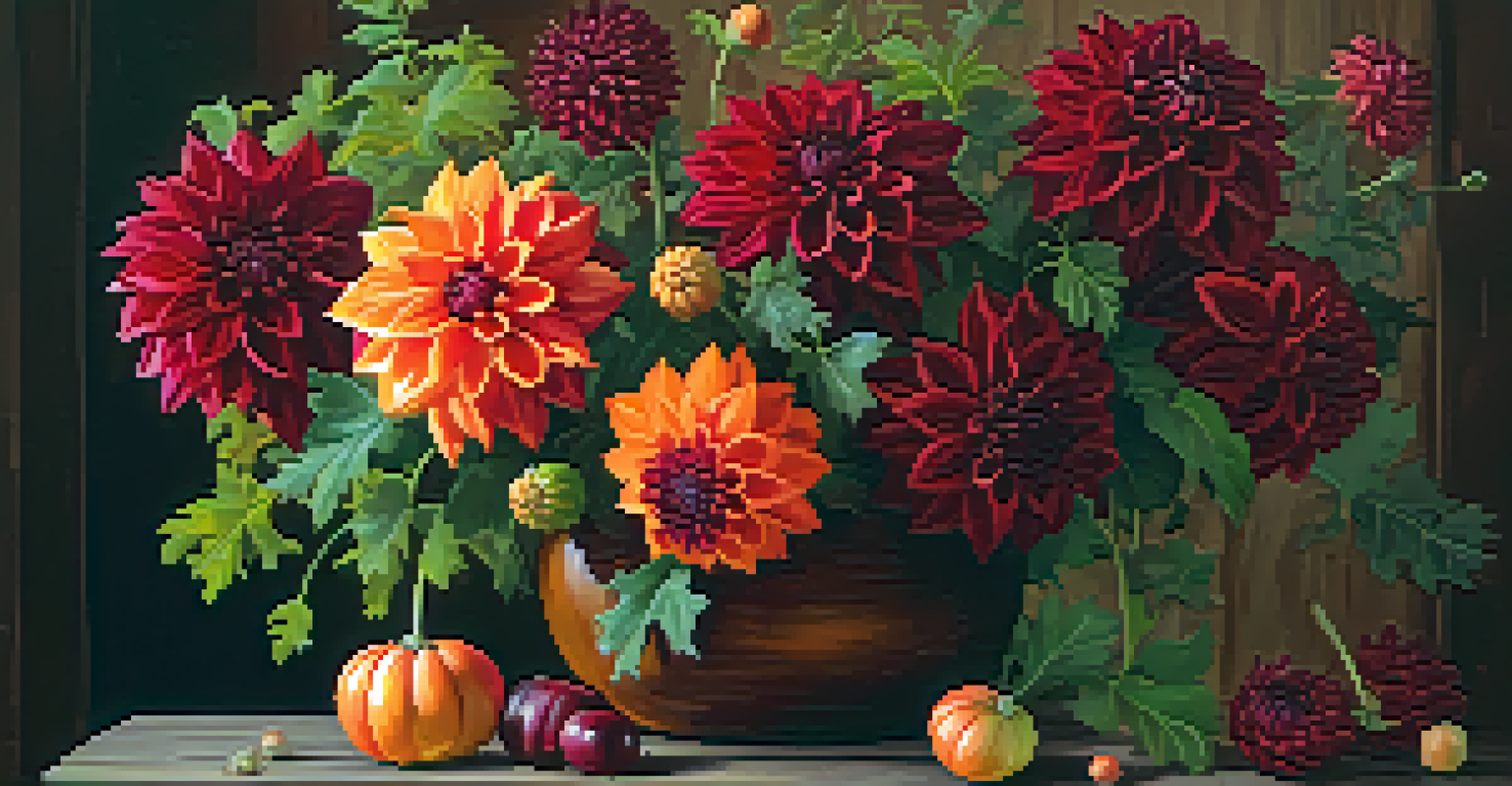 An autumn arrangement with deep red and orange dahlias in a wooden vase, illuminated by warm light.