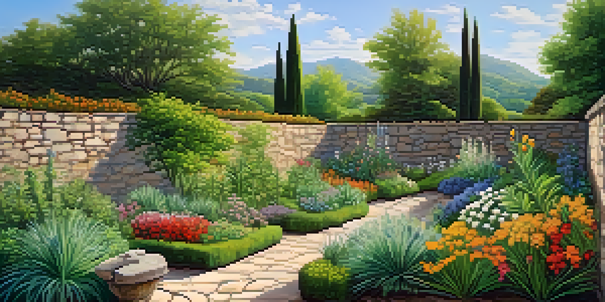 A tranquil herb garden with labeled medicinal plants under sunlight, featuring vibrant leaves and flowers against a rustic stone wall and blue sky.