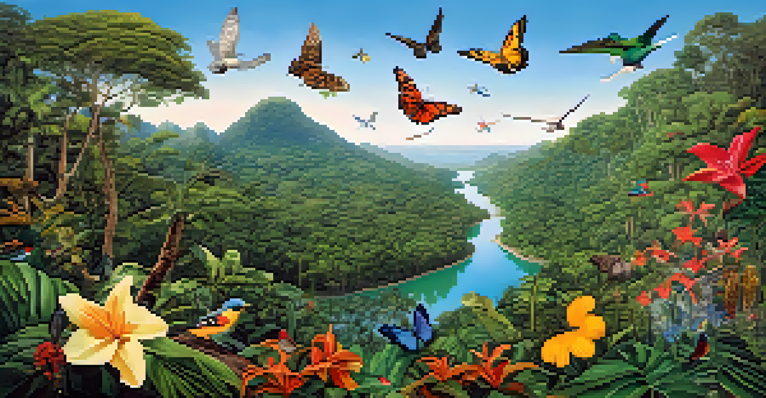 A panoramic view of a diverse landscape with boreal and tropical rainforest, featuring various trees, colorful flowers, and a clear blue sky, bustling with birds and butterflies.