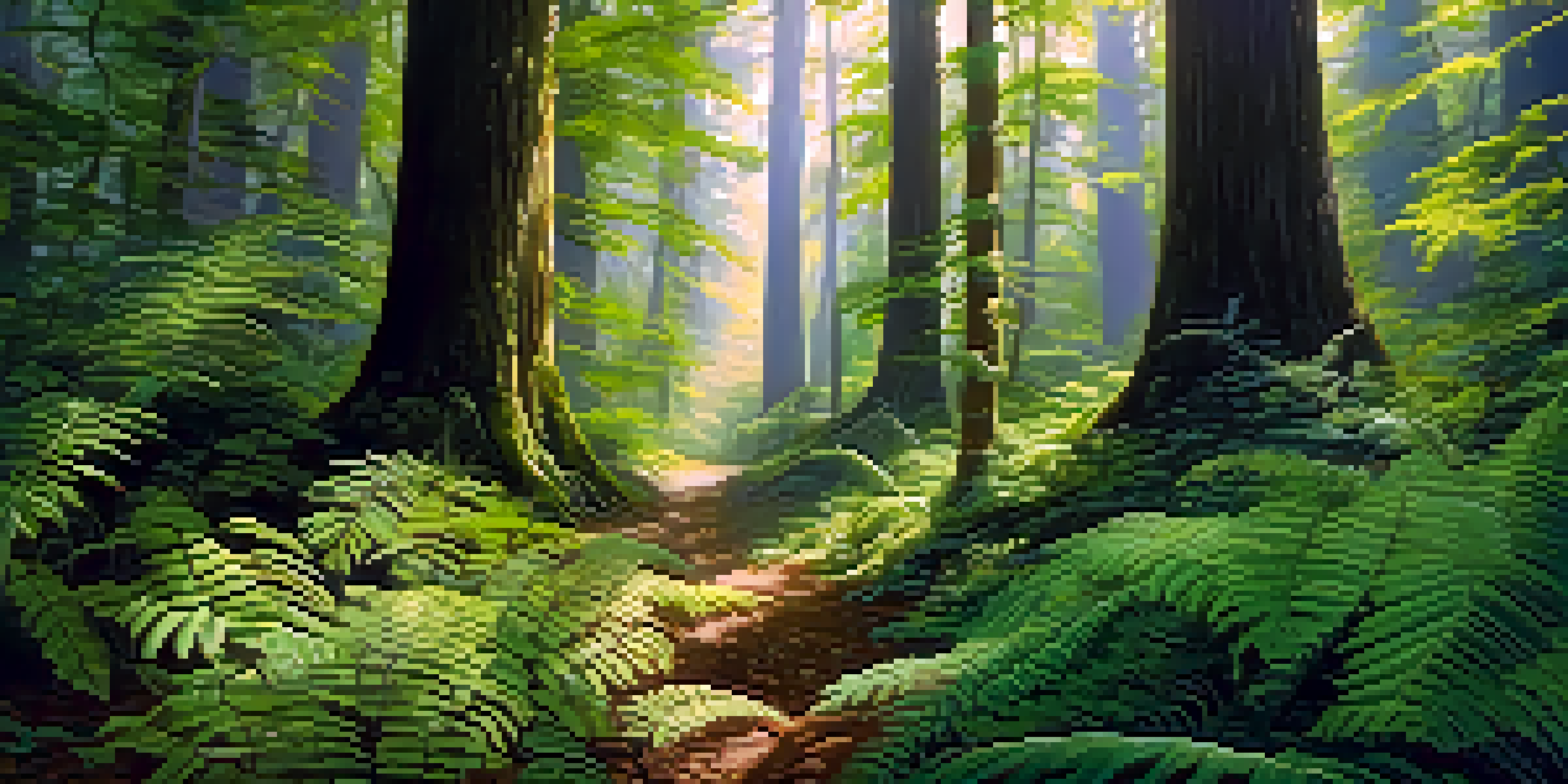 A colorful forest with tall trees competing for sunlight, casting shadows on the ground filled with ferns and wildflowers.