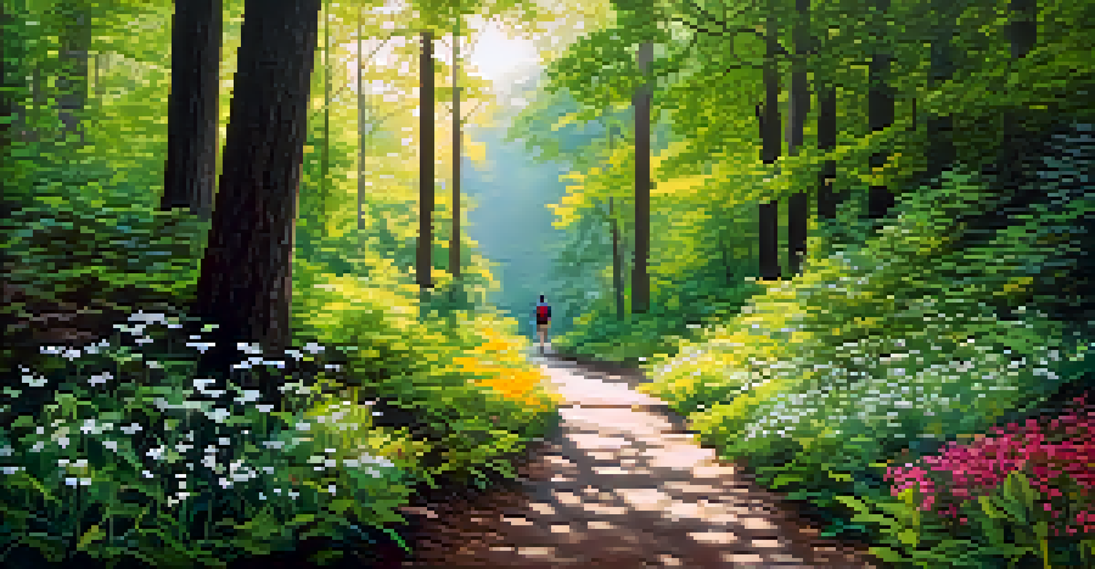 A peaceful hiking trail surrounded by lush greenery, with a person walking amidst vibrant flowers and sunlight filtering through the trees.