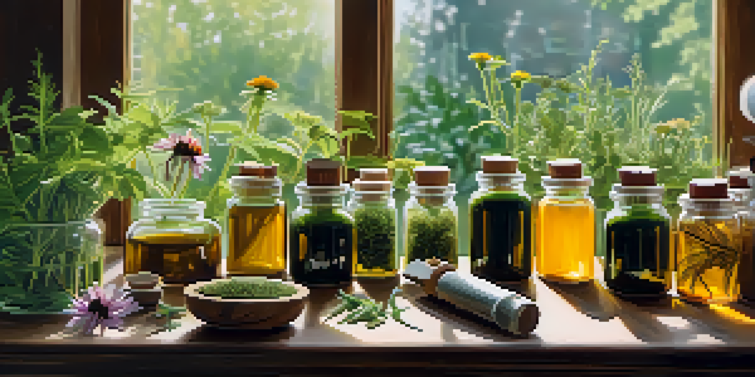 A bright herbal workshop with fresh herbs and plant extracts on a wooden table, illuminated by natural sunlight.