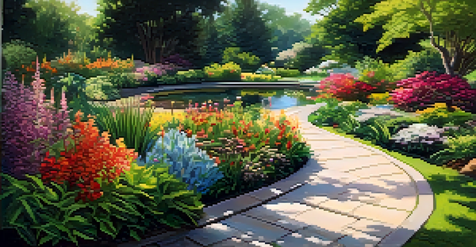 A vibrant botanical garden with colorful flowers, a winding path, and a pond reflecting the greenery.