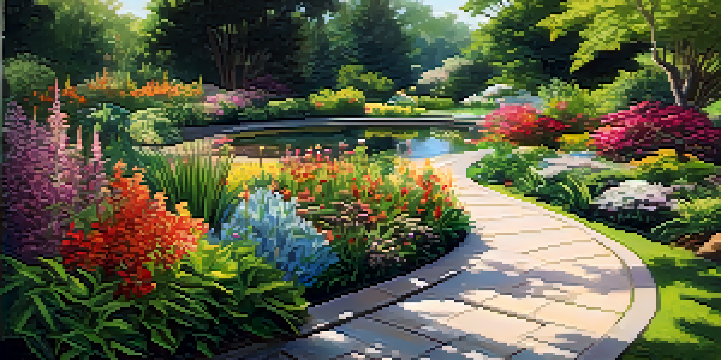 A vibrant botanical garden with colorful flowers, a winding path, and a pond reflecting the greenery.