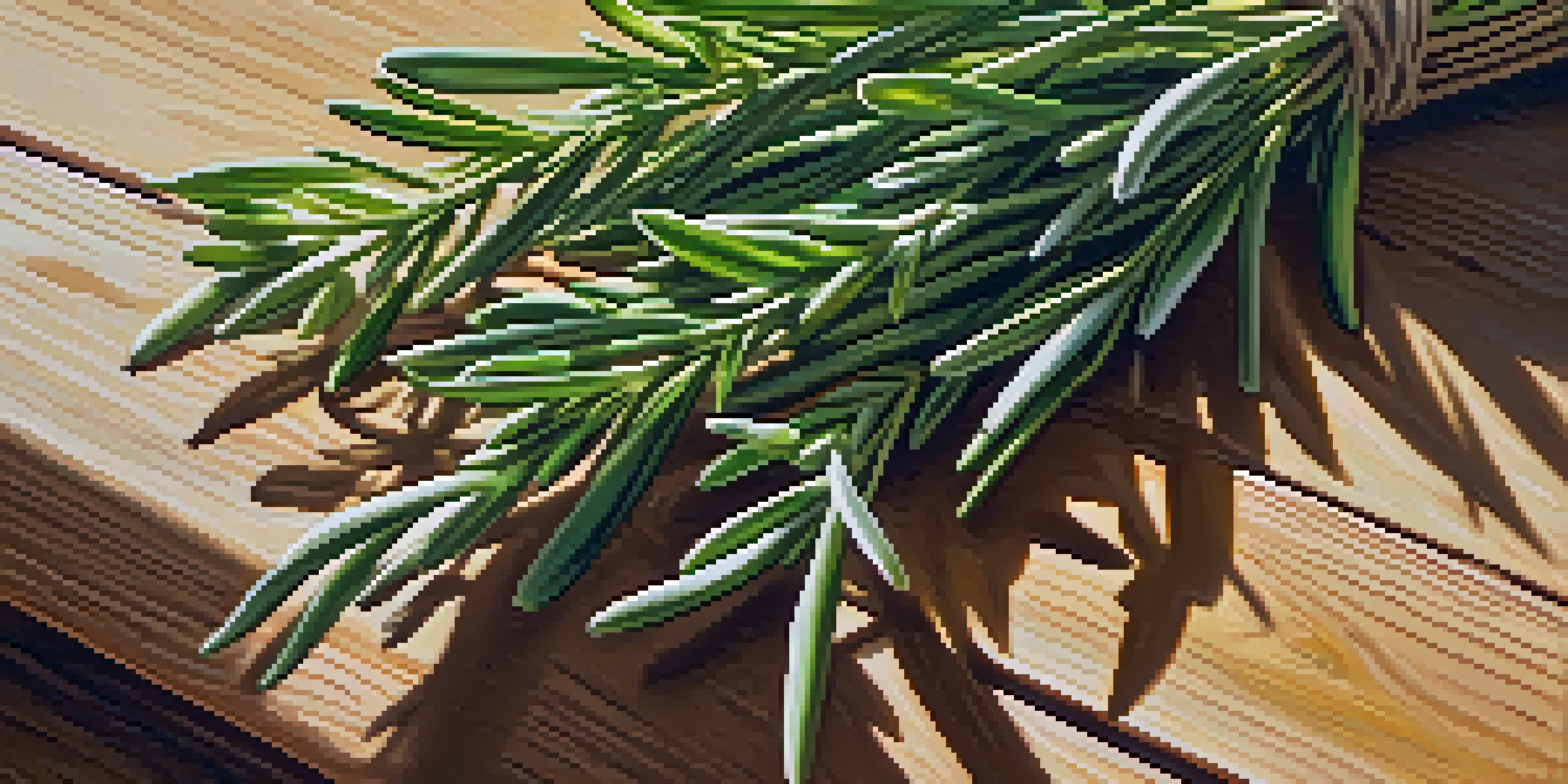 Close-up of fresh rosemary sprigs on a wooden table with sunlight highlighting their vibrant green color.