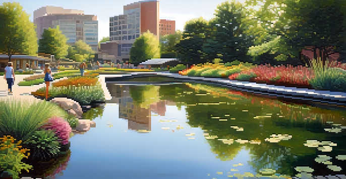 A peaceful urban water garden with colorful plants and a flowing stream, surrounded by modern buildings and greenery, under soft sunlight.